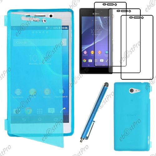 Ebeststar ® Housse Etui Coque Portefeuille Livre Silicone Gel Pour Sony Xperia M2 D2302 D2303, Couleur Bleu + Stylet 3 Film
