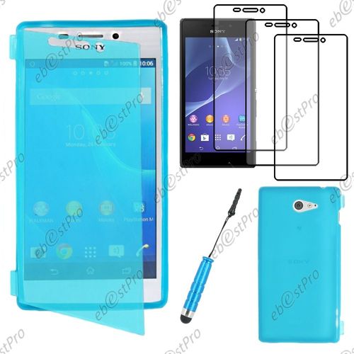 Ebeststar ® Housse Etui Coque Portefeuille Livre Silicone Gel Pour Sony Xperia M2 D2302 D2303, Couleur Bleu + Mini Stylet 3 Film