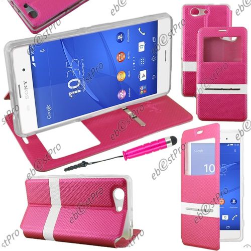 Ebeststar ® Housse Coque Etui Smart View Cover Type S-View Portefeuille Livre Pour Sony Xperia Z3 Compact, Couleur Rose + Mini Stylet + Film Protection D'écran
