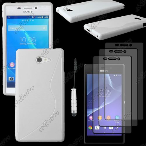Ebeststar ® Housse Etui Coque Silicone Gel Motif S-Line Protection Souple Pour Sony Xperia M2 D2302 D2303, Couleur Blanc + Mini Stylet 3 Film
