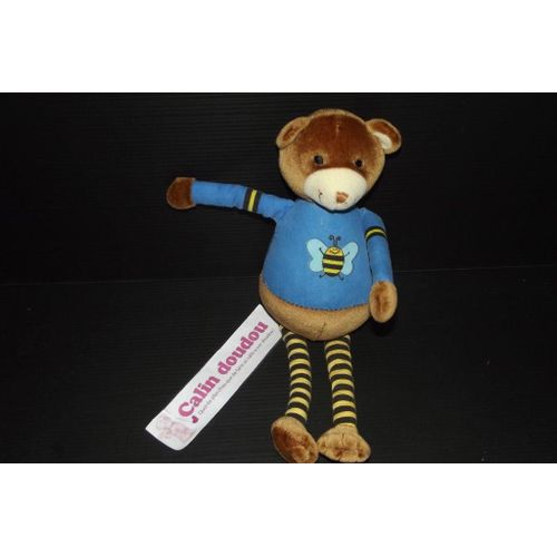 Doudou Obaibi Okaidi Ours Marron Pull Bleu Abeille Bruit Rayure Jaune Et Noir