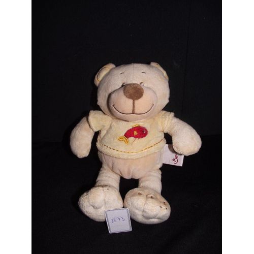 Doudou Bengy Ours Beige Pull Jaune Poisson Rouge