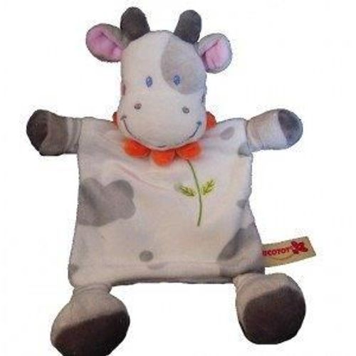 Doudou Nicotoy Vache Zebre Plat Blanc Fleur Grise Gris Col Orange