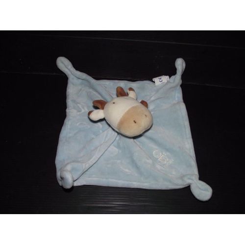 Doudou Obaibi Okaidi Vache Plat Carre Bleu Foulard Marron