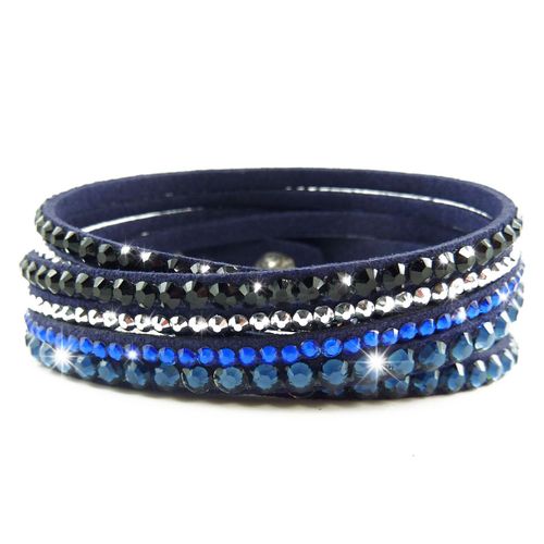 Bracelet Slake Wrap Strass Multi Tour Cristal Bleu Doré Cuir