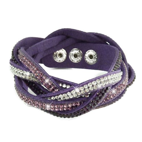 Bracelet Wrap Slake Torsadé 2 Tours Strass Brillants Cristaux En Cuir Violet Pourpre