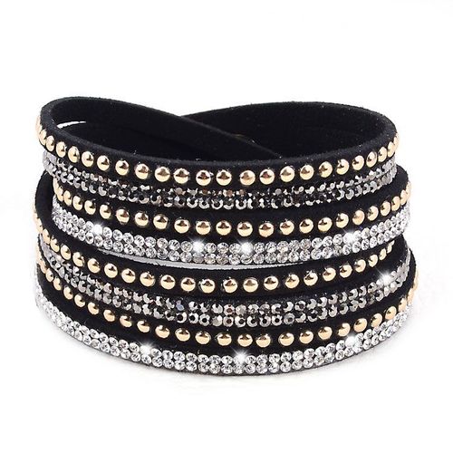 Bracelet Wrap Slake Multi Tour Brillants Cristaux Zirconium Strass En Cuir De Daim Noir