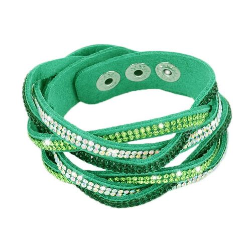 Bracelet Wrap Slake Torsadé 2 Tours Strass Brillants Cristaux En Cuir Vert
