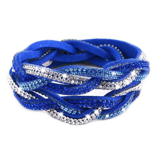 Bracelet Wrap Slake Torsadé 2 Tours Strass Brillants Cristaux En Cuir Bleu Marine