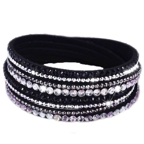 Bracelet Wrap Slake Multi Tour Brillants Cristaux Zirconium Strass En Cuir De Daim Noir