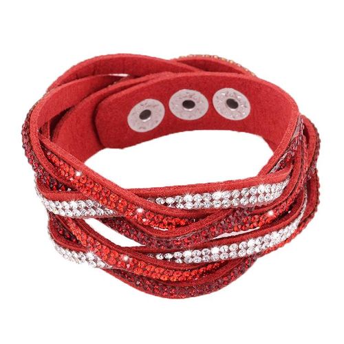Bracelet Wrap Slake Torsadé 2 Tours Strass Brillants Cristaux En Cuir Rouge