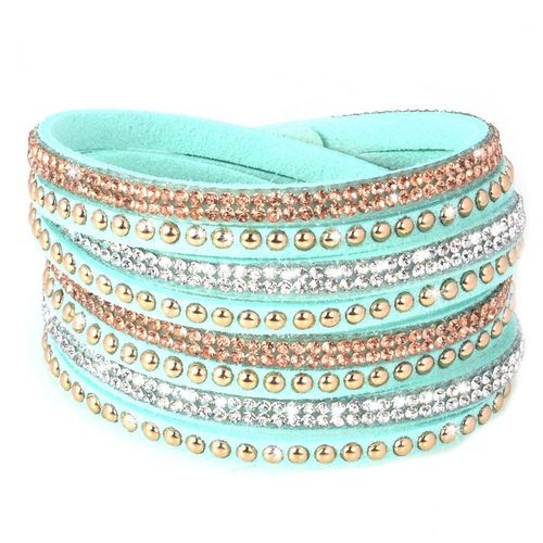 Bracelet Wrap Slake Multi Tour Brillants Cristaux Zirconium Strass En Cuir De Daim Bleu Aquamarine