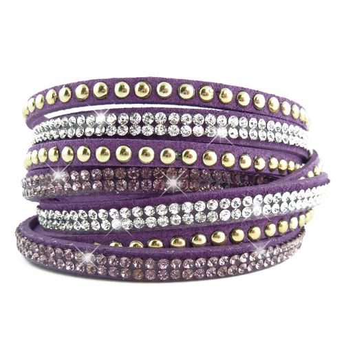 Bracelet Wrap Slake Multi Tour Brillants Cristaux Zirconium Strass En Cuir De Daim Violet