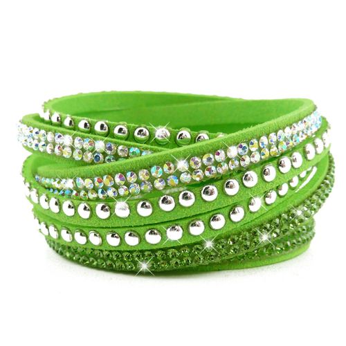 Bracelet Wrap Slake Multi Tour Brillants Cristaux Zirconium Strass En Cuir De Daim Vert