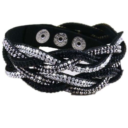 Bracelet Wrap Slake Torsadé 2 Tours Strass Brillants Cristaux En Cuir Noir