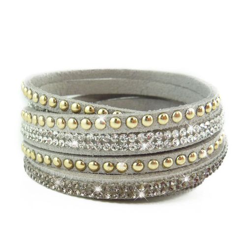 Bracelet Wrap Slake Multi Tour Brillants Cristaux Zirconium Strass En Cuir De Daim Gris