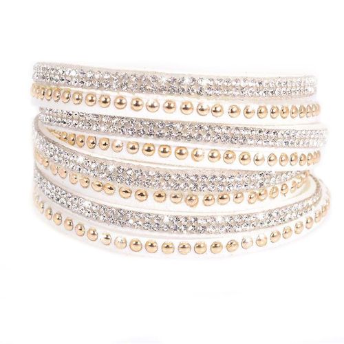 Bracelet Slake Wrap Picot Brillants Multi Tour Cascade Cristal En Cuir Blanc
