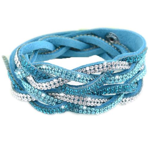 Bracelet Wrap Slake Torsadé 2 Tours Strass Brillants Cristaux En Cuir Bleu Ciel