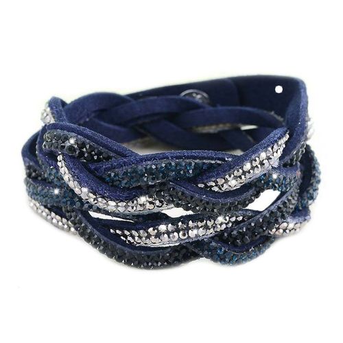 Bracelet Wrap Slake Torsadé 2 Tours Strass Brillants Cristaux En Cuir Bleu Montana