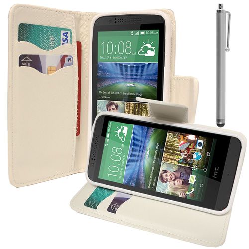 Etui Portefeuille Pour Htc Desire 510 Support Video Cuir Pu Effet Tissu - Blanc + Stylet