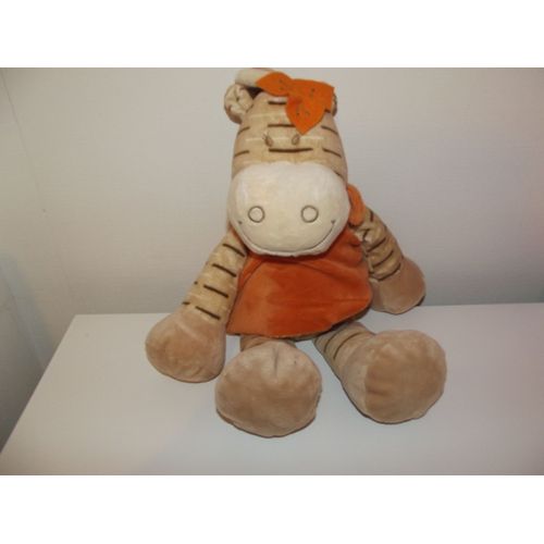 Doudou Peluche Zambia La Zèbrette Zèbre Noukie's  Noukies Marron Robe Orange 26 Cm