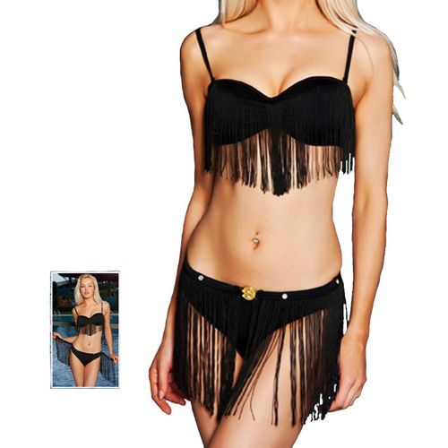 Maillot De Bain Femme Bikini 2 Pièces Bandeau Franges Sexy - Haut De Gamme - Noir Doré Strass