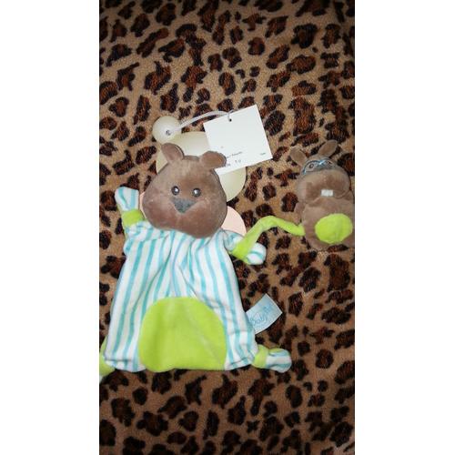 Doudou Et Son Bebe Babynat Castor Taupe Marmotte Rayé Vert Turquoise