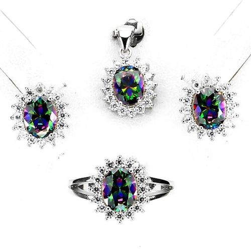 Parure Quartz Multicolore Argent 925. Pendentif + Chaine, Bague, Boucles D'oreil