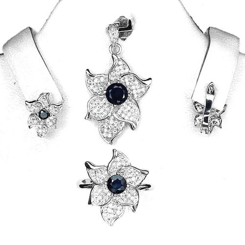Parure Saphir Bleu Argent 925. Pendentif + Chaine, Bague, Boucles D'oreille