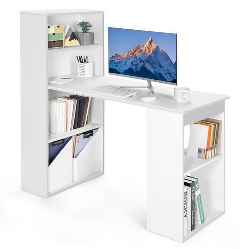 Bureau Informatique Réversible Avec Bibliothèque - Costway - Blanc - Moderne - 122x56x122 Cm - 90 Kg