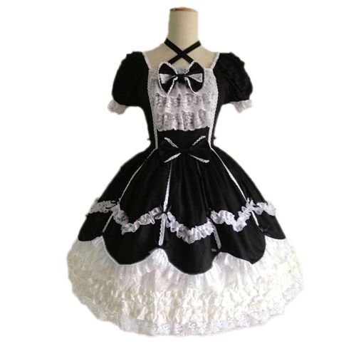 Superbe Robe Gothique Lolita Coton Noir Blanc Rose Rouge Sweet Lolita Poupée Doll Mignon Bonne Qualité Envoie Paris Fabrication Unique Costume  Kawaï Mode Japonaise Convention Soirée Black Sugar 
