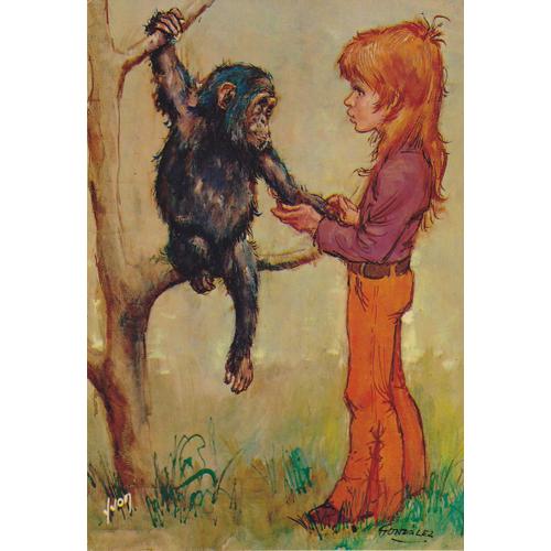 Les Gamins Dessinés Par Antonio Gonzales : Jeune Enfant Avec Jeune Chimpanzé ( Collection Yvon Ref. 24-127-05)