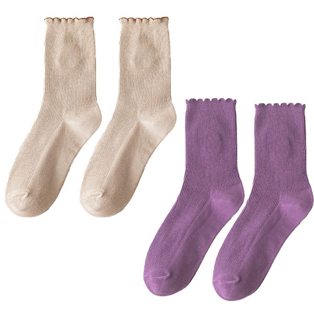 Chaussettes Rondes Douces Avec Broderie Florale Sur La Zone Des Orteils Couleur Peau + Violet Taro Goodnice