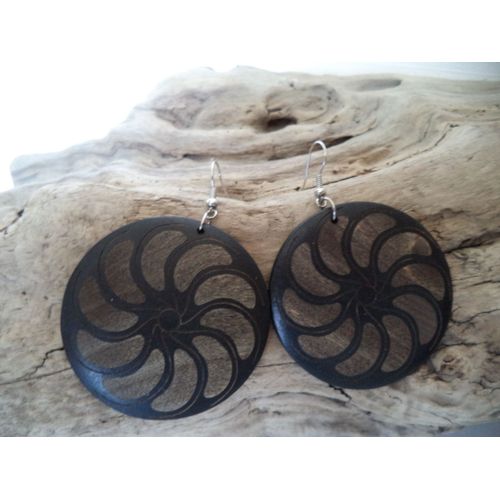 Boucles D'oreilles En Bois Ronde Marron Motif Fleur Neuve