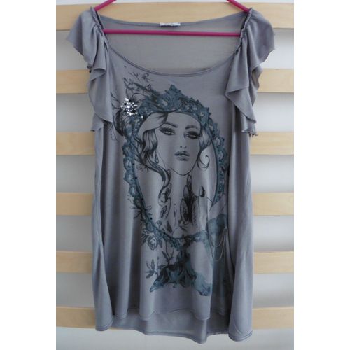 T-Shirt Gris À Visage De Femme, Strass, Chaînette Et Pierre. Pimkie. Taille 38