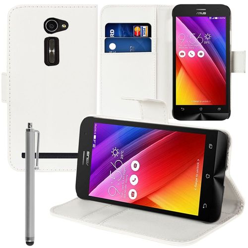 Etui Portefeuille Pour Asus Zenfone 2 Ze500cl/ Zenfone 2e Z00d Support Video Cuir Pu - Blanc + Stylet