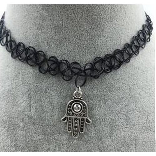 Collier Ras De Cou Effet Tatouage Pendentif Main De Fatma Tatoo . Modèle Mixte. Black Sugar Boutique Bijoux Fantaisie Accessoires Collier Bague Gothique Punk Emo