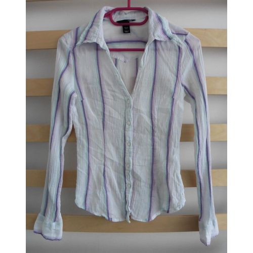 Chemisier Froissé À Rayures Multicolore. Rose, Mauve, Vert, Blanc. H&m. Taille 36
