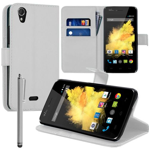 Etui Portefeuille Pour Wiko Birdy Support Video Cuir Pu - Blanc + Stylet