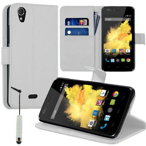 Etui Portefeuille Pour Wiko Birdy Support Video Cuir Pu - Blanc + Mini Stylet