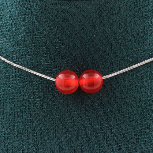 Collier 2 Perles Calcédoine Rouge 8 Mm. Chaine En Acier Inoxydable Collier Femmes, Hommes. Taille Personnalisable.