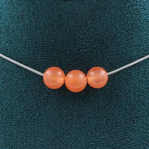 Collier 3 Perles Calcédoine Orange 8 Mm. Chaine En Acier Inoxydable Collier Femmes, Hommes. Taille Personnalisable.