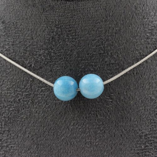 Collier 2 Perles Calcédoine Bleu 8 Mm. Chaine En Acier Inoxydable Collier Femmes, Hommes. Taille Personnalisable.