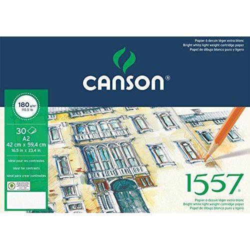 Canson 1557 204127416 Bloc 30 Feuilles Papier À Dessin 180g Grain Léger A2 Blanc Pur