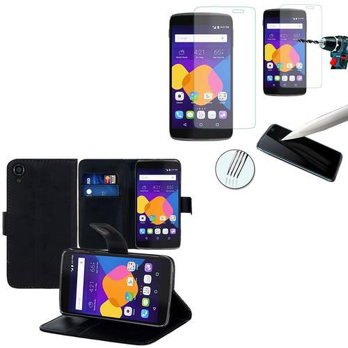 Etui Portefeuille Pour Alcatel Idol 3 (4.7) Support Video Cuir Pu - Noir+ 1 Film Verre Trempé