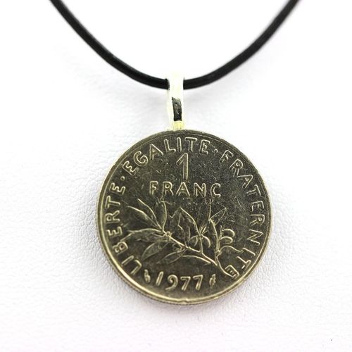 Pendentif Pièce De Monnaie Authentique " France " 1 Franc Semeuse + Cordon Cuir