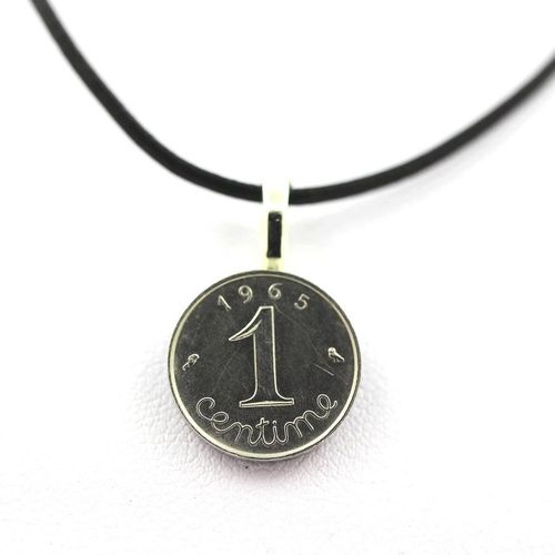 Pendentif Pièce De Monnaie Authentique " France " 1 Centime Épi + Cordon Cuir No