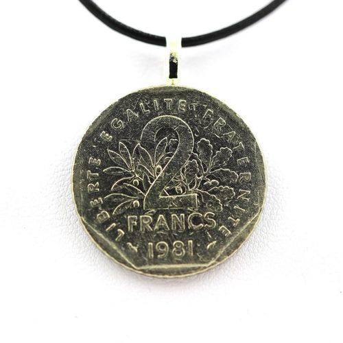 Pendentif Pièce De Monnaie Authentique " France " 2 Francs Semeuse + Cordon Cuir