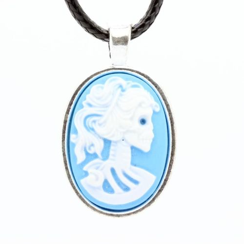 Pendentif Camée En Résine Crâne + Cordon Cuir Noir - Turquoise