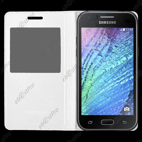 Ebeststar ® Housse Pochette Protection Coque Type S-View Portefeuille Livre Pour Samsung Galaxy J1 Sm-J100f, Couleur Blanc + Film Protection D'écran